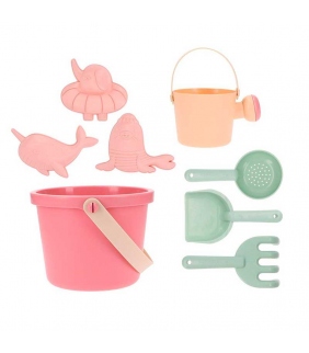 Set de juguetes de playa con cubo pala rastrillo y moldes para arena color rosa