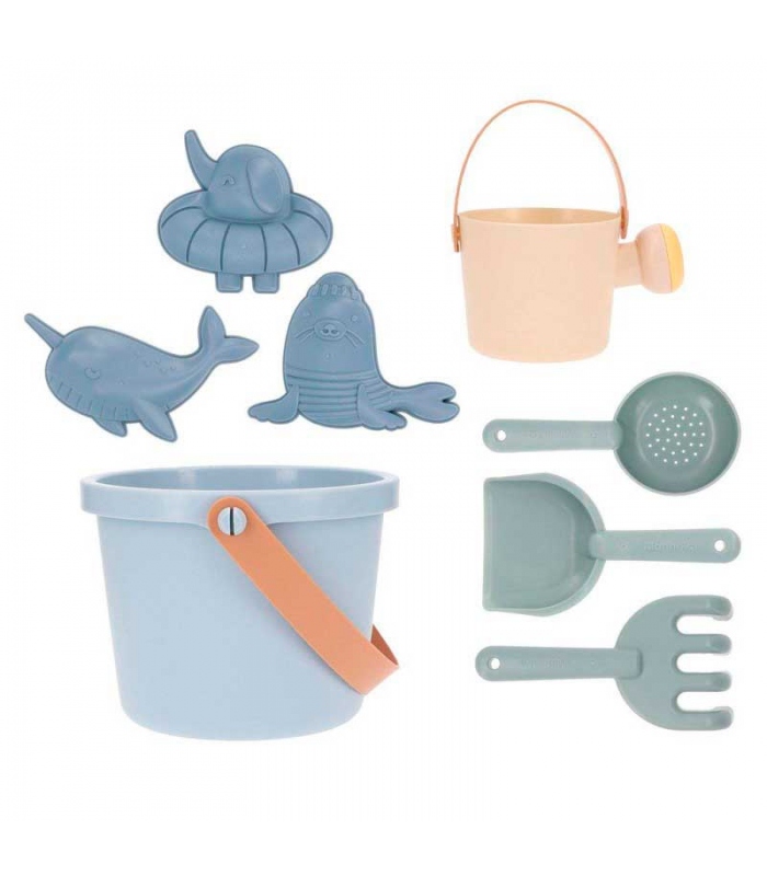 Set de juguetes de playa con cubo pala rastrillo y moldes para arena color azul